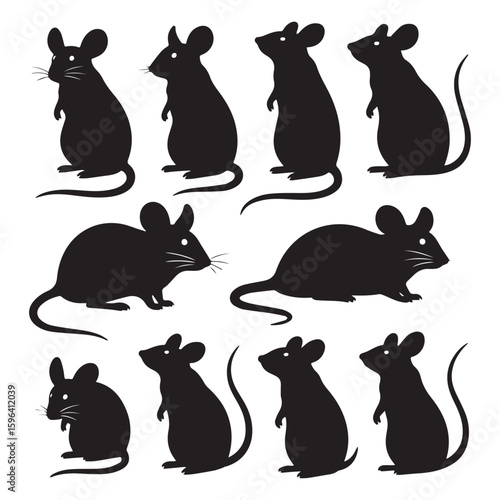 A set of 10 black silhouette illustrations of mice arranged in two rows against a white background.