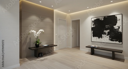 Modern Interior Hallway Design with Artwork and Orchid
