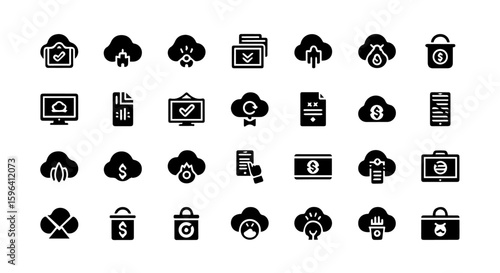 A comprehensive compilation of cloud service icons, illustrating concepts such as data transfer, online storage, and digital document management with modern graphics