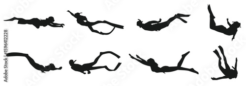 vector set silhouette snorkeling free diving swimming extreme sport isolated background.