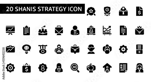 A vibrant collection of strategy and business icons, depicting planning, growth, success, data analysis, and team collaboration for modern enterprises