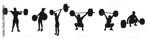 weightlifting silhouette set male female athlete weightlifter sport isolated background.