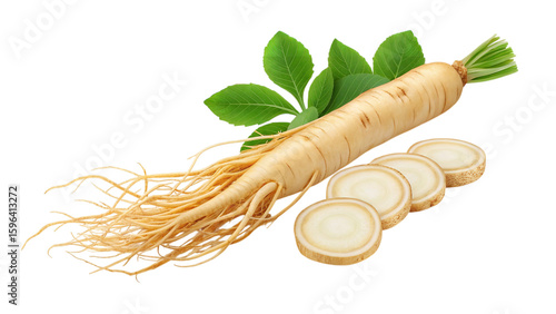 Ginseng root whole and sliced fresh ginseng with leaves for healthy food and herbal medicine concept on transparent background