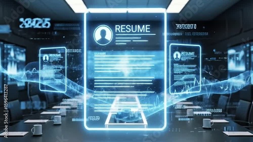 Resume in Digital World: A futuristic conference room showcases a glowing digital resume floating above a conference table, set with information.