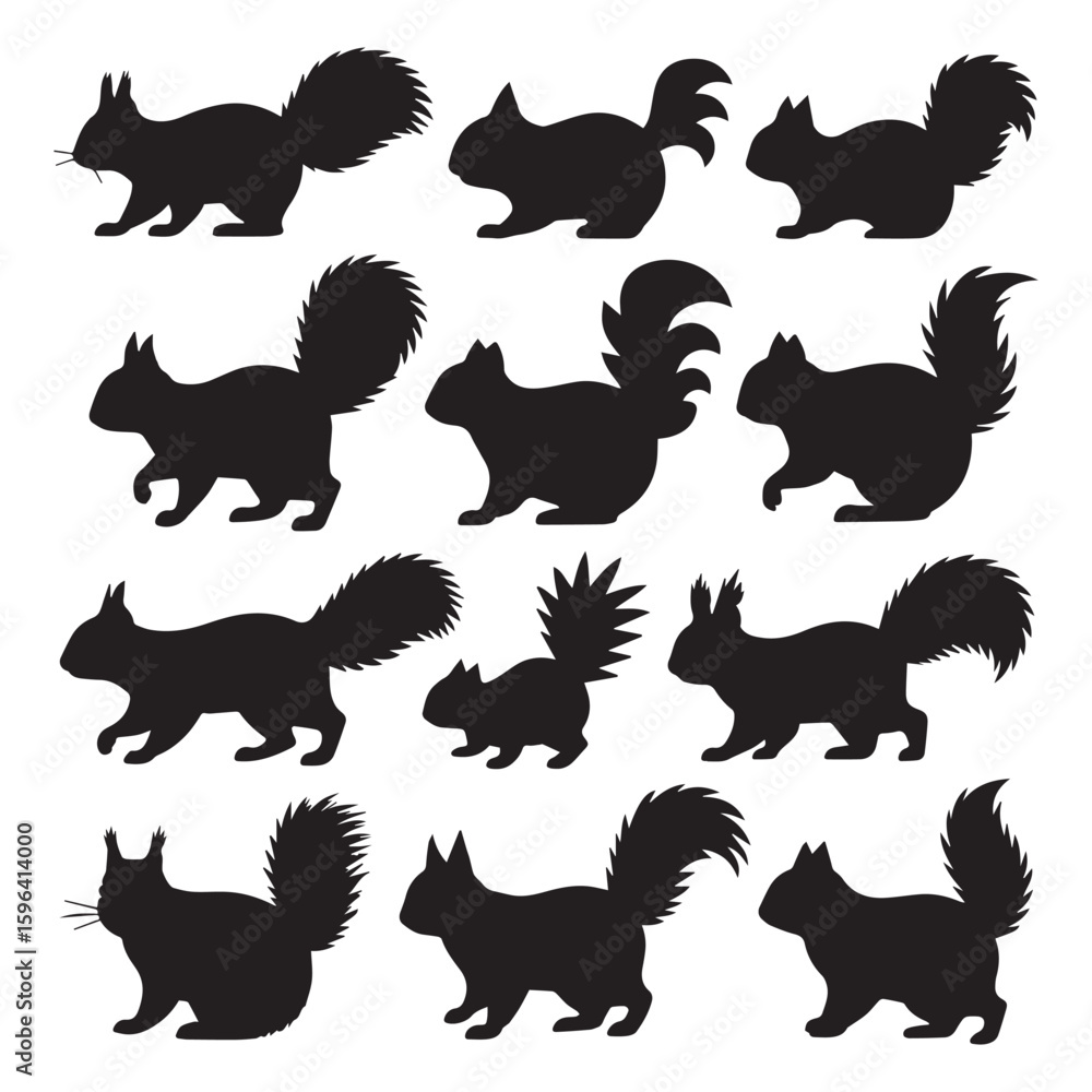 Obraz premium A set of 12 black silhouette illustrations of squirrels arranged in two rows against a white background. 