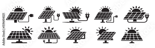 silhouette solar panel icons with sun plugs
