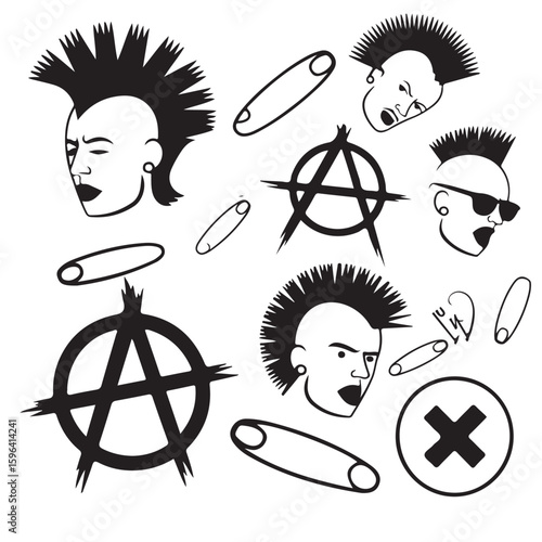 Black and white illustration of punk rock elements including faces anarchy symbols and safety pins