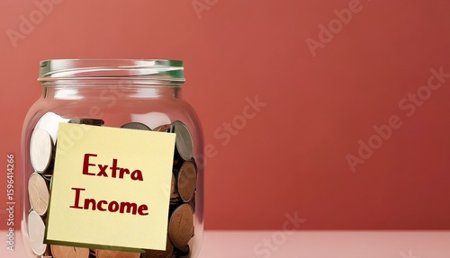 Money jar on pink copy space background with note written Extra Income - money earned from second job or side hustle - passive income from investment - Increase financial security