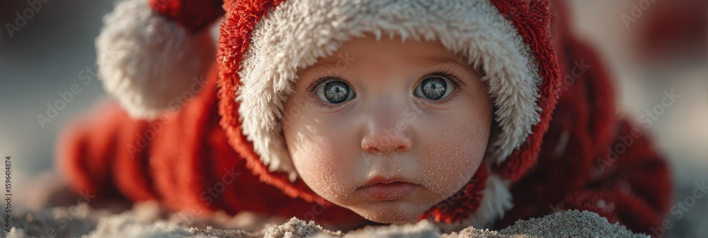 Baby in a red winter outfit lying on sandy surface during daytime, surrounded by a festive atmosphere Baby in a red winter outfit lying on sandy surface during daytime, surrounded by a festive atmosphere