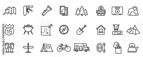 Summer camping vector line icon set