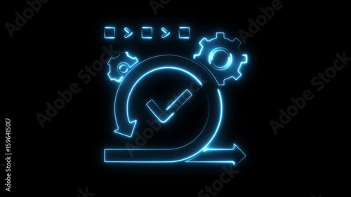 Neon blue glowing cycle arrow with checkmark and gears representing workflow automation process and business