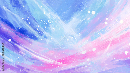 Abstract pink and blue background with flowing brush strokes, white dots, and a light, airy sky