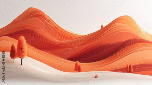 Orange layered hills with small trees.