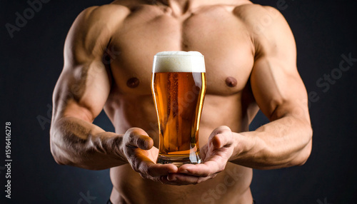 A muscular, shirtless man holds a glass of foamy beer in his hands.