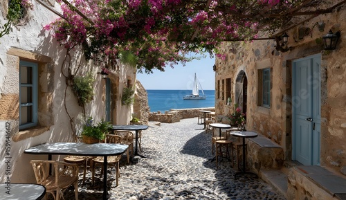 Tranquil Alleyway Leads to Azure Waterscape Scene