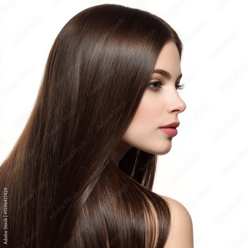 Naklejka premium A young woman with long, straight, and shiny brown hair looking to the side. Her beautiful face showcases her smooth skin and soft lips.