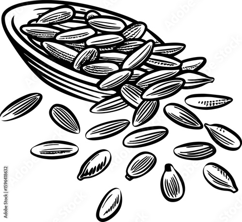 Sunflower seeds spilling from wooden bowl, black and white hand drawn illustration, healthy snack, natural food concept