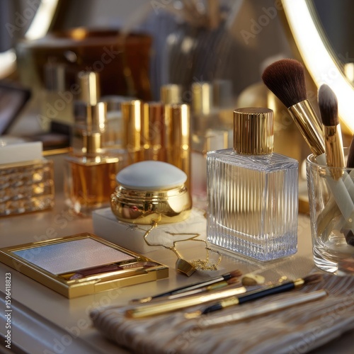 Makeup table filld with luxury cosmetics and soft brushes