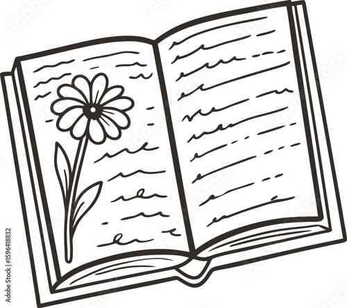 Open book with handwritten pages and daisy flower illustration botanical sketch, literary nature concept, simple black line art