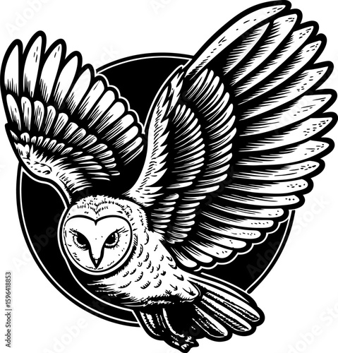Detailed hand drawn owl with spread wings black and white vintage illustration of nocturnal bird symbolizing wisdom and mystery