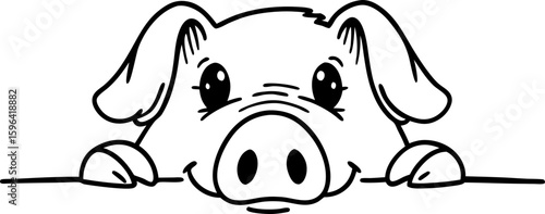 Cute pig peeking over edge happy farm animal illustration, playful swine face, adorable livestock character, black line art