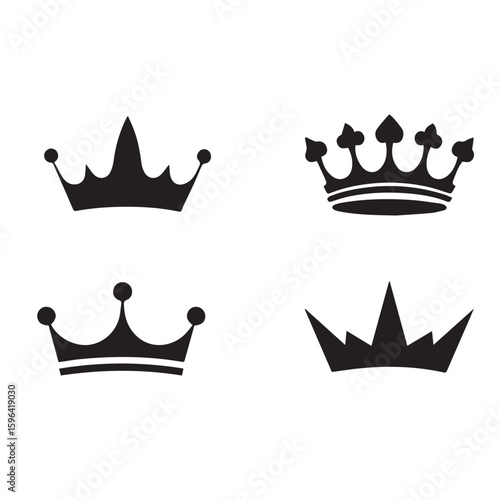 Four stylized hand drawn crowns in different designs representing royalty leadership and authority on a white background