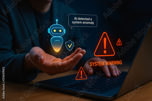 AI chatbot detects a system anomaly and issues a security warning on a virtual interface shown by a user with a laptop.