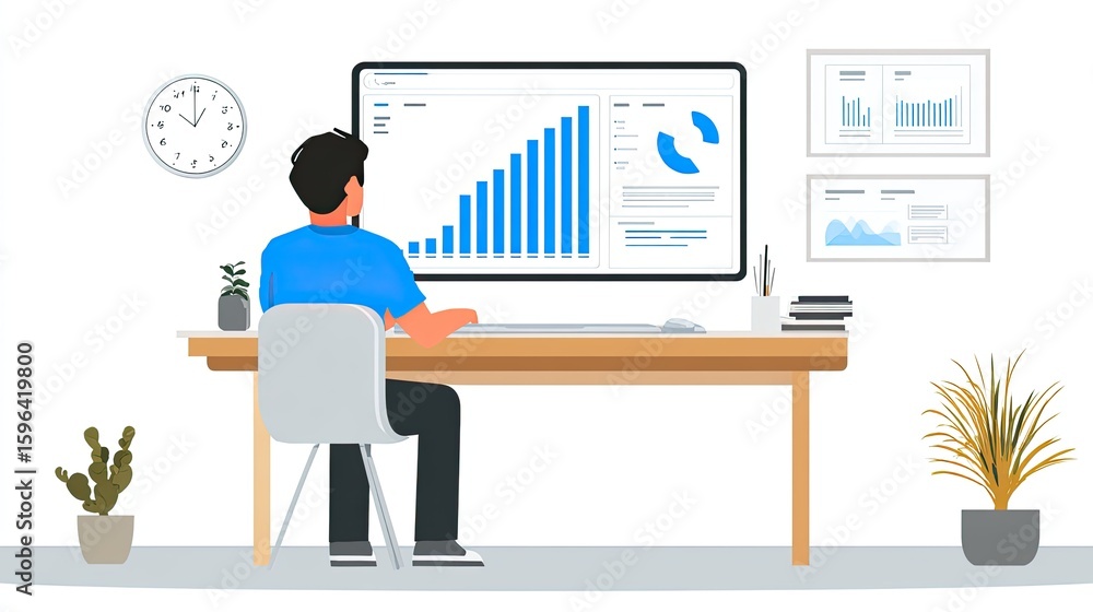 Obraz premium Man Working at Desk Reviewing Data Charts on Computer Screen