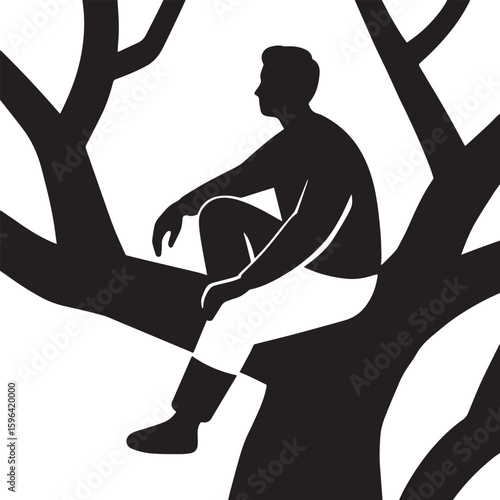 Vector silhouette of a man sitting on a tree branch looking peaceful white background. 
