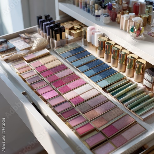 Makeup table with high-end cosmetics arranged by color