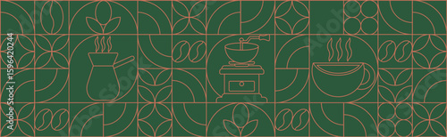 Geometric coffee pattern in minimalist style. Geometric line drawing. Abstract print background with simple shapes for coffee shop, food packaging, cafe wall, menu.
