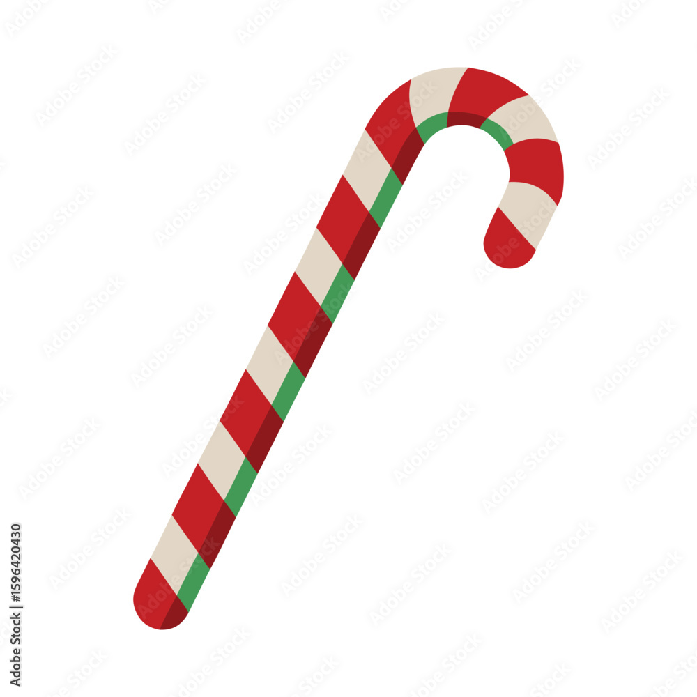 Fototapeta premium Vector illustration of a red white and green striped Christmas candy cane on a white background