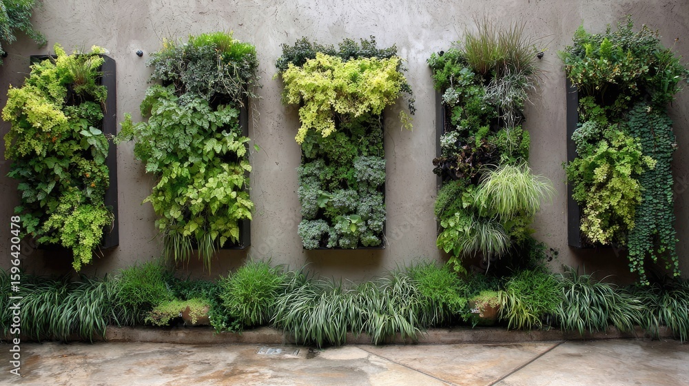 Fototapeta premium Eco garden design with green shrubs, vertical planters, and native greenery