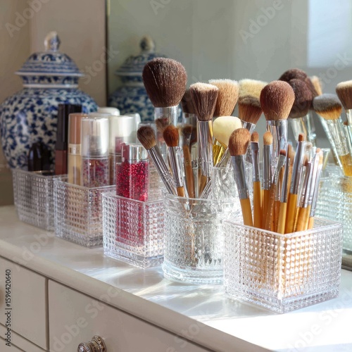 Makeup table with organized clear containers for brushes