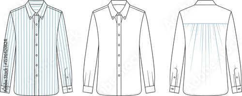 Classic men's shirt CAD drawing, front back side views, flat sketch, vector apparel template, fashion illustration, garment technical sheet