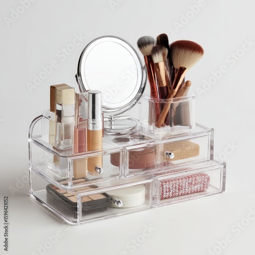 Makeup table with tiered acrylic organizers and compact mirror