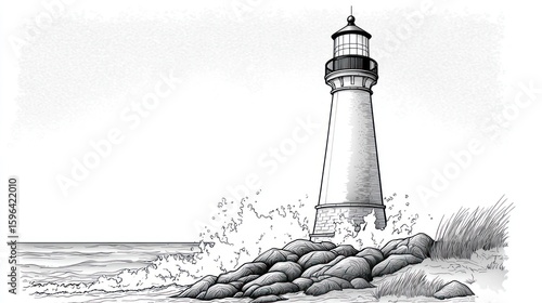 Coastal lighthouse drawing, waves crashing on rocks, tranquil seascape
