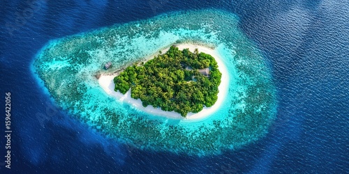 Fototapeta Naklejka Na Ścianę i Meble -  Maldives island surrounded by vibrant coral reef in top-down perspective