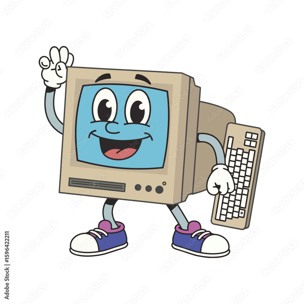 Naklejka premium Cheerful computer character with keyboard and okay gesture