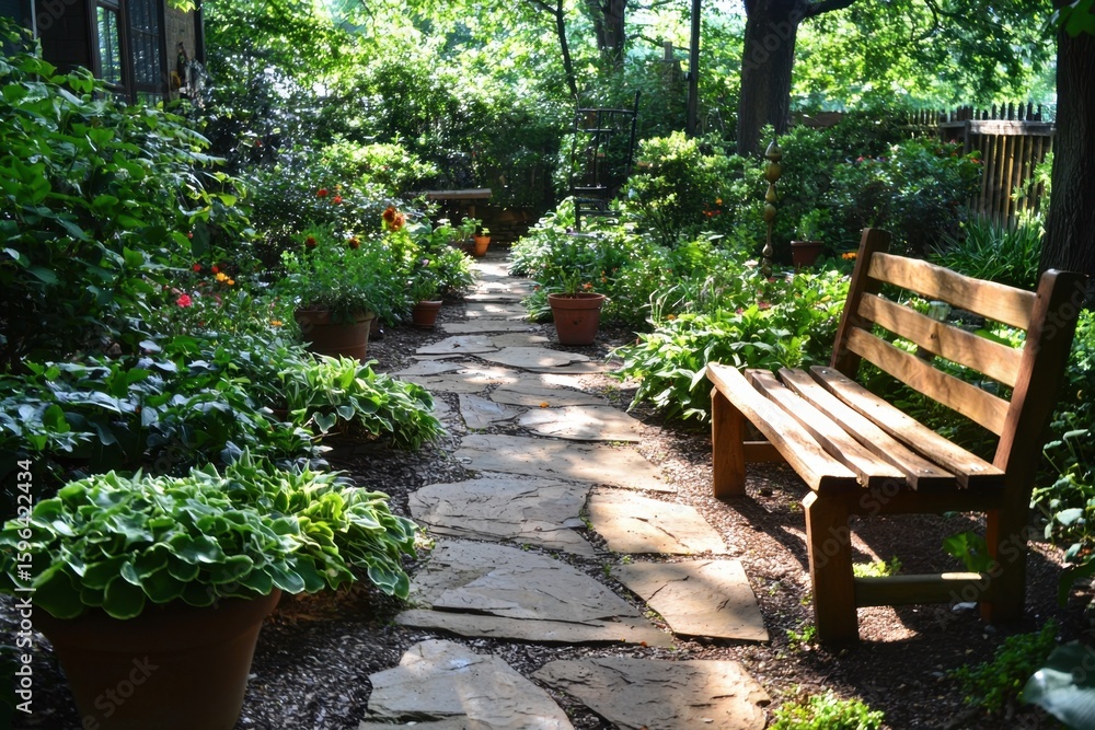 Tranquil garden pathway surrounded by lush greenery outdoor space nature scene daytime serene atmosphere Tranquil garden pathway surrounded by lush greenery outdoor space nature scene daytime serene atmosphere