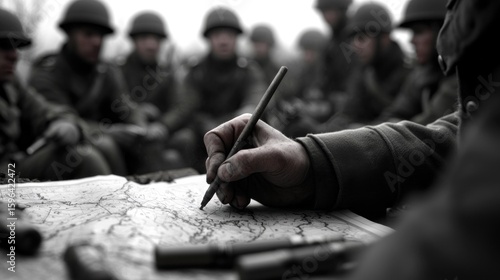 WWII Soldier Planning Strategy on Map, Troops in Background