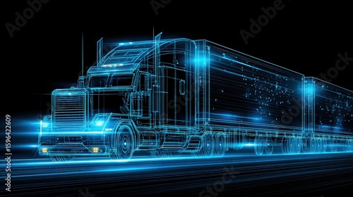 Digital wireframe illustration of a semi-truck on a dark background, showcasing futuristic transport technology.