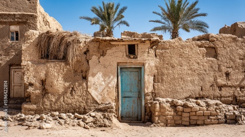 Aged Adobe Ruins with Teal Door in Desert Landscape