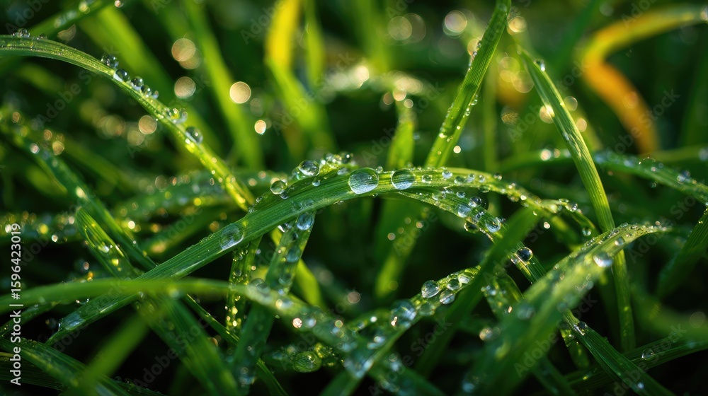 Obraz premium Green grass blades covered in morning dew under a soft natural light