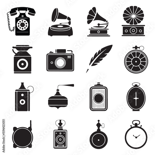 Classic inventions icons vintage office and music tools