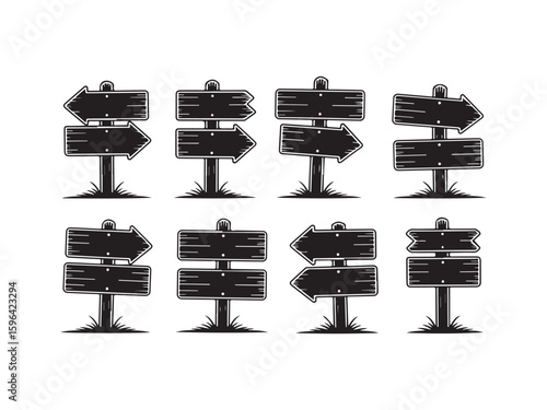 Collection of rustic wooden signpost silhouettes vector isolated on white background.