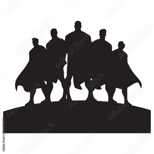 A powerful silhouette of five heroic figures standing together with capes billowing against a stark white background symbolizing unity and strength