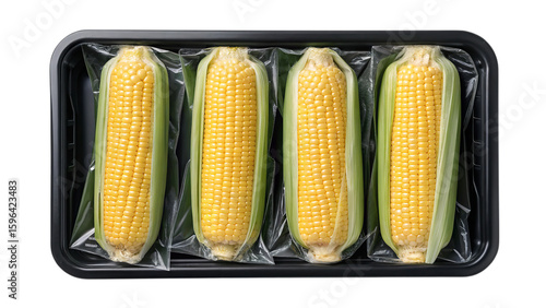 Fresh corn on the cob in plastic wrap in a tray for sale in grocery store or farmers market display on transparent background