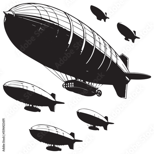 A fleet of vintage airships or zeppelins flying in formation against a white background in a dramatic black and white illustration