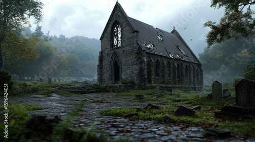 Abandoned church in a misty graveyard